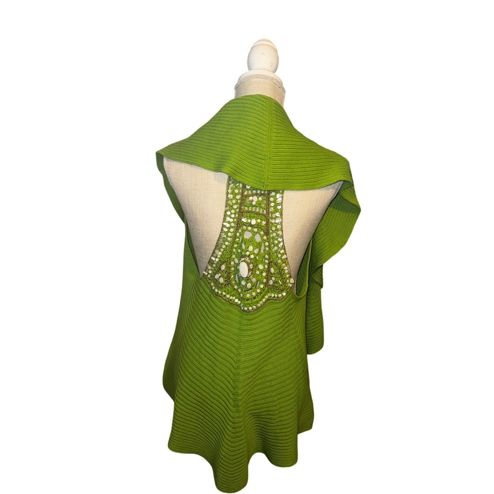 Curio Lime Green Ribbed Open Front Vest Crochet Beaded Racerback XS Boho